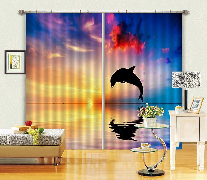 3D Sea Sunset Jumping Dolphin 129 Curtains Drapes Wallpaper AJ Wallpaper 