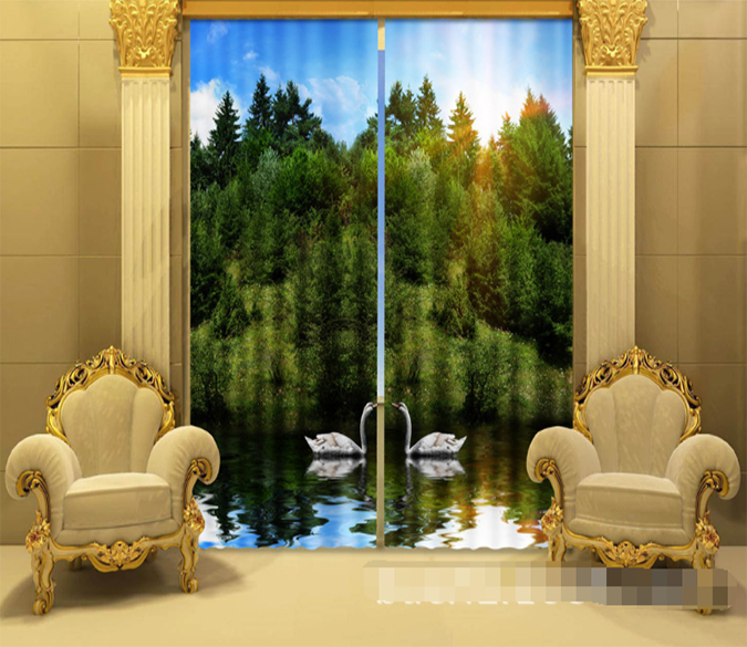 3D Mountains Lake Swans 1161 Curtains Drapes Wallpaper AJ Wallpaper 