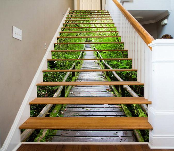 3D Wood Bridge Green Trees 1535 Stair Risers Wallpaper AJ Wallpaper 