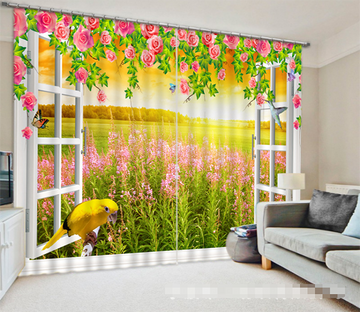 3D Window Lawn Flowers 1310 Curtains Drapes Wallpaper AJ Wallpaper 