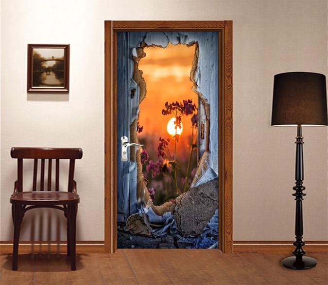 3D Hole Sunset Flowers 17 Door Mural Wallpaper AJ Wallpaper 