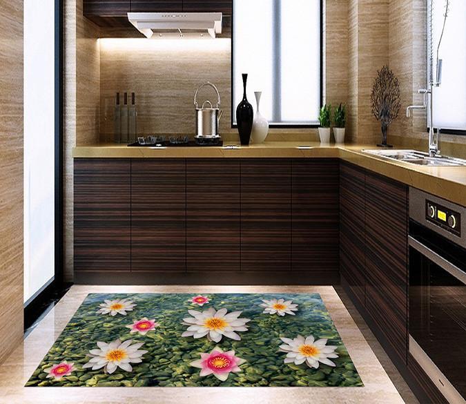 3D Lake Flowers Stones Kitchen Mat Floor Mural Wallpaper AJ Wallpaper 