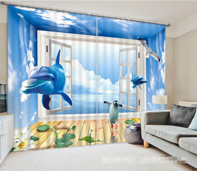 3D Sea Window Dolphins 1237 Curtains Drapes Wallpaper AJ Wallpaper 