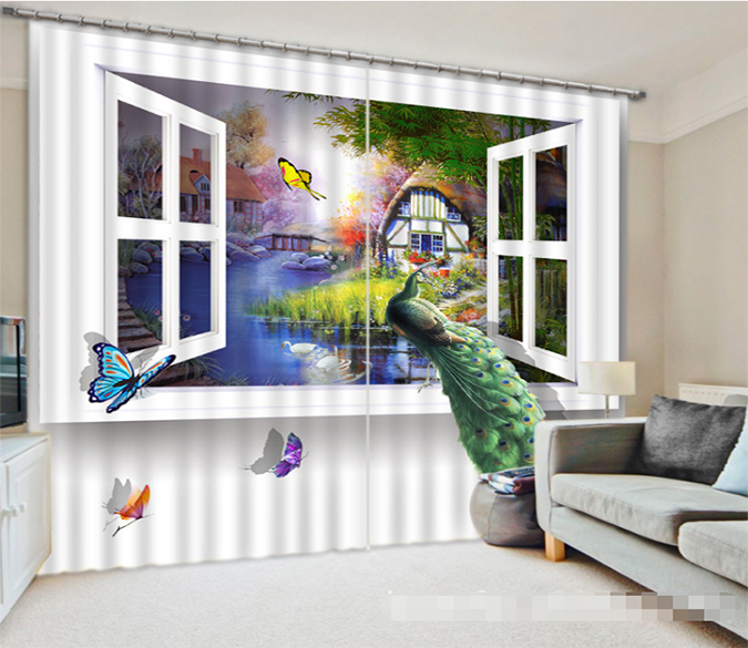 3D Window Butterflies Peacock Scenery 1233 Curtains Drapes Wallpaper AJ Wallpaper 