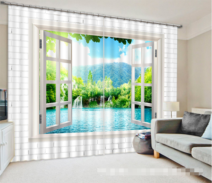 3D Window Lake Scenery 1352 Curtains Drapes Wallpaper AJ Wallpaper 