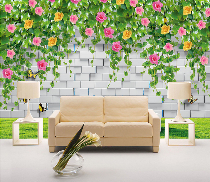 Flowers Vines And Bricks Wallpaper AJ Wallpaper 