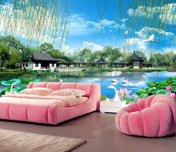 3D Willow Pond Lotus Pavilion Wallpaper AJ Wallpaper 1 