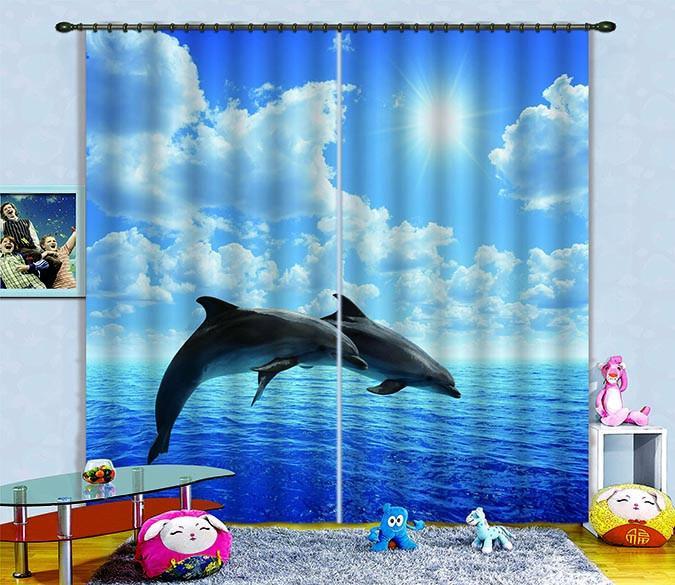 3D Sea Jumping Dolphins 795 Curtains Drapes Wallpaper AJ Wallpaper 