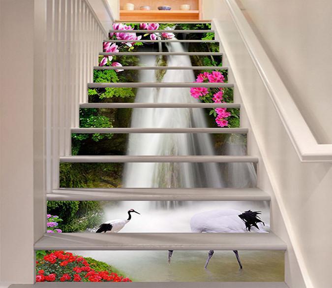 3D Waterfall Flowers Cranes 1638 Stair Risers