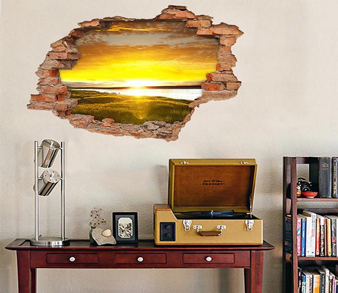 3D Lake Bright Sunset 236 Broken Wall Murals Wallpaper AJ Wallpaper 