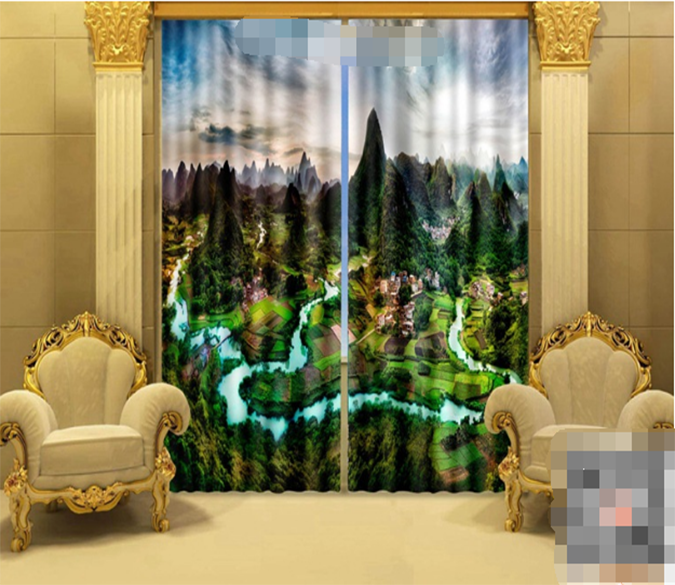 3D Mountains River Farmland Scenery 1138 Curtains Drapes Wallpaper AJ Wallpaper 