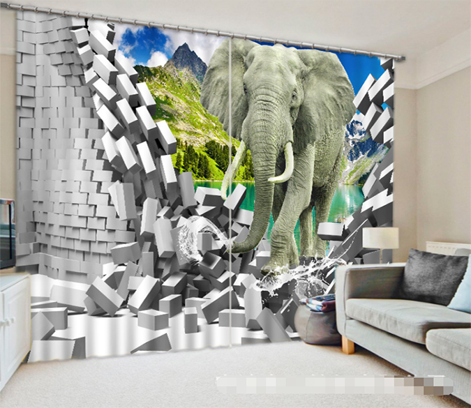 3D Bricks Lake Elephant 1283 Curtains Drapes Wallpaper AJ Wallpaper 