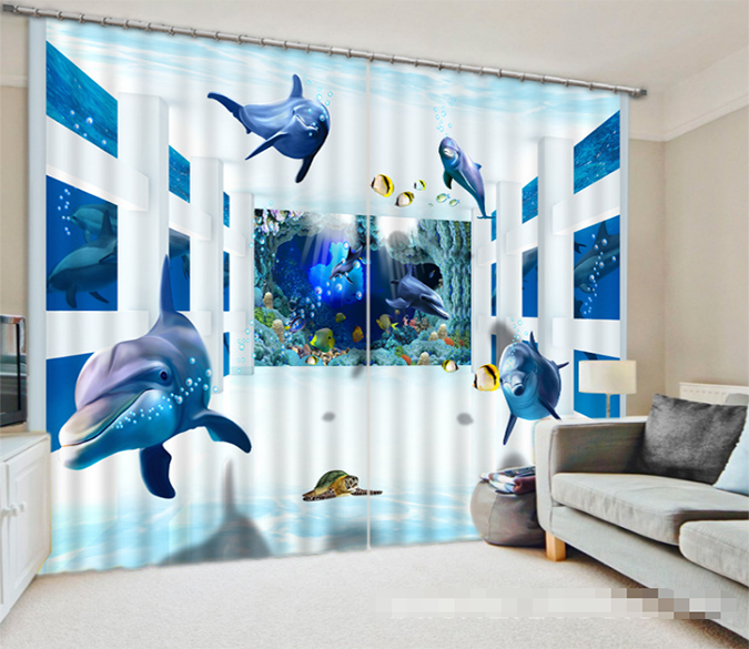 3D Ocean Swimming Dolphins 1234 Curtains Drapes Wallpaper AJ Wallpaper 