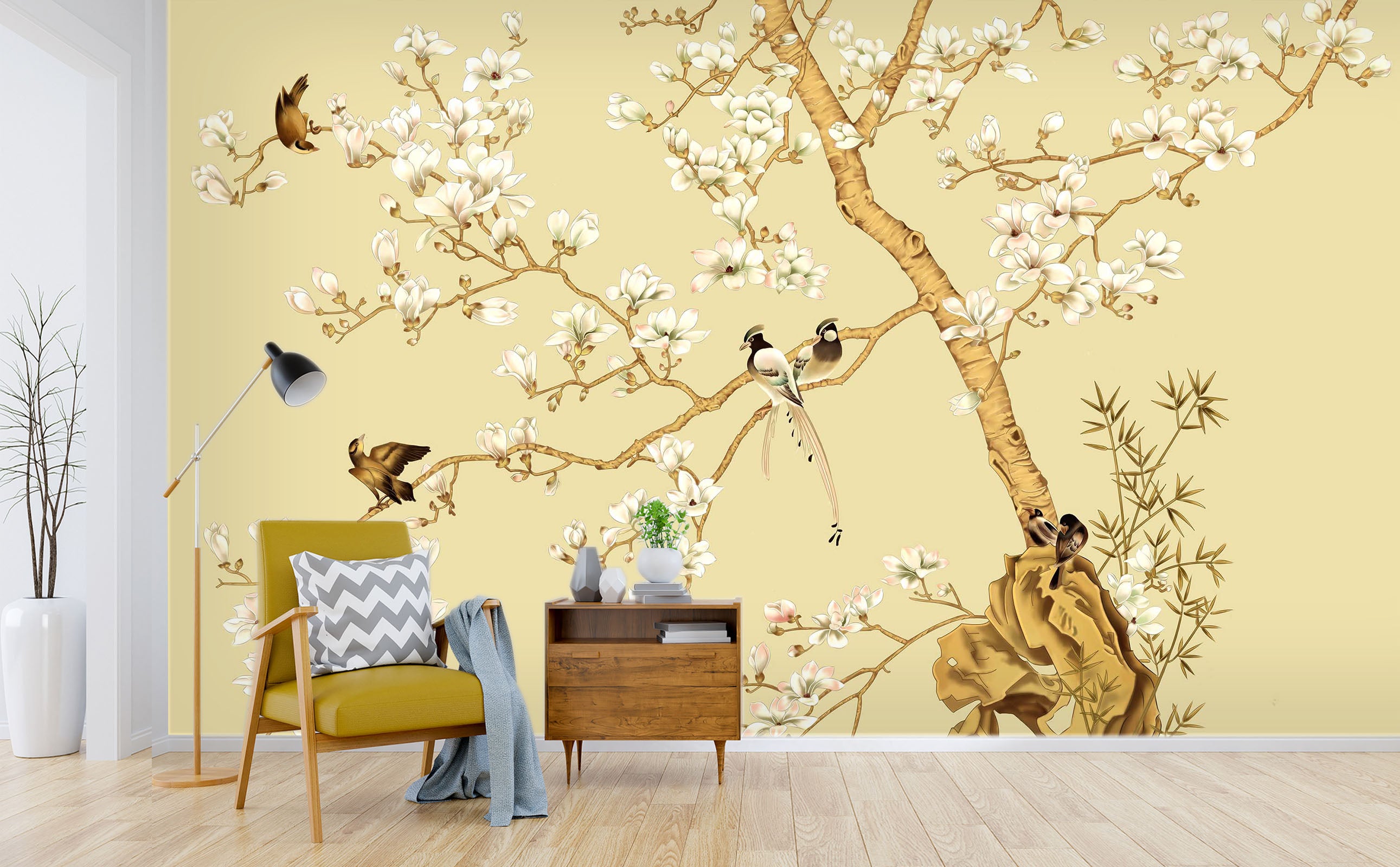 3D Flower Bird Yellow 022 Wall Murals