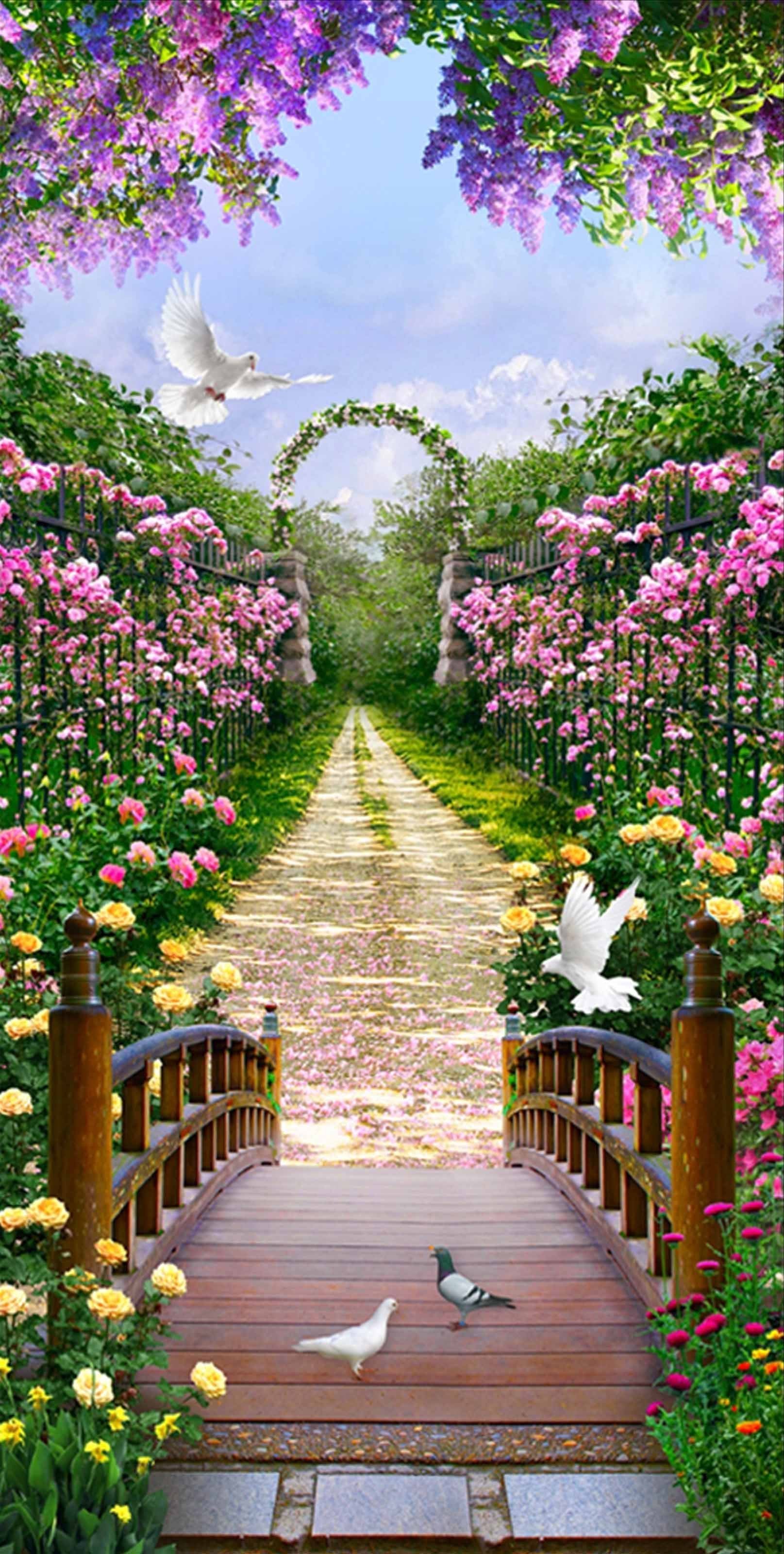 3D Garden Flowers Birds 1610 Stair Risers Wallpaper AJ Wallpaper 