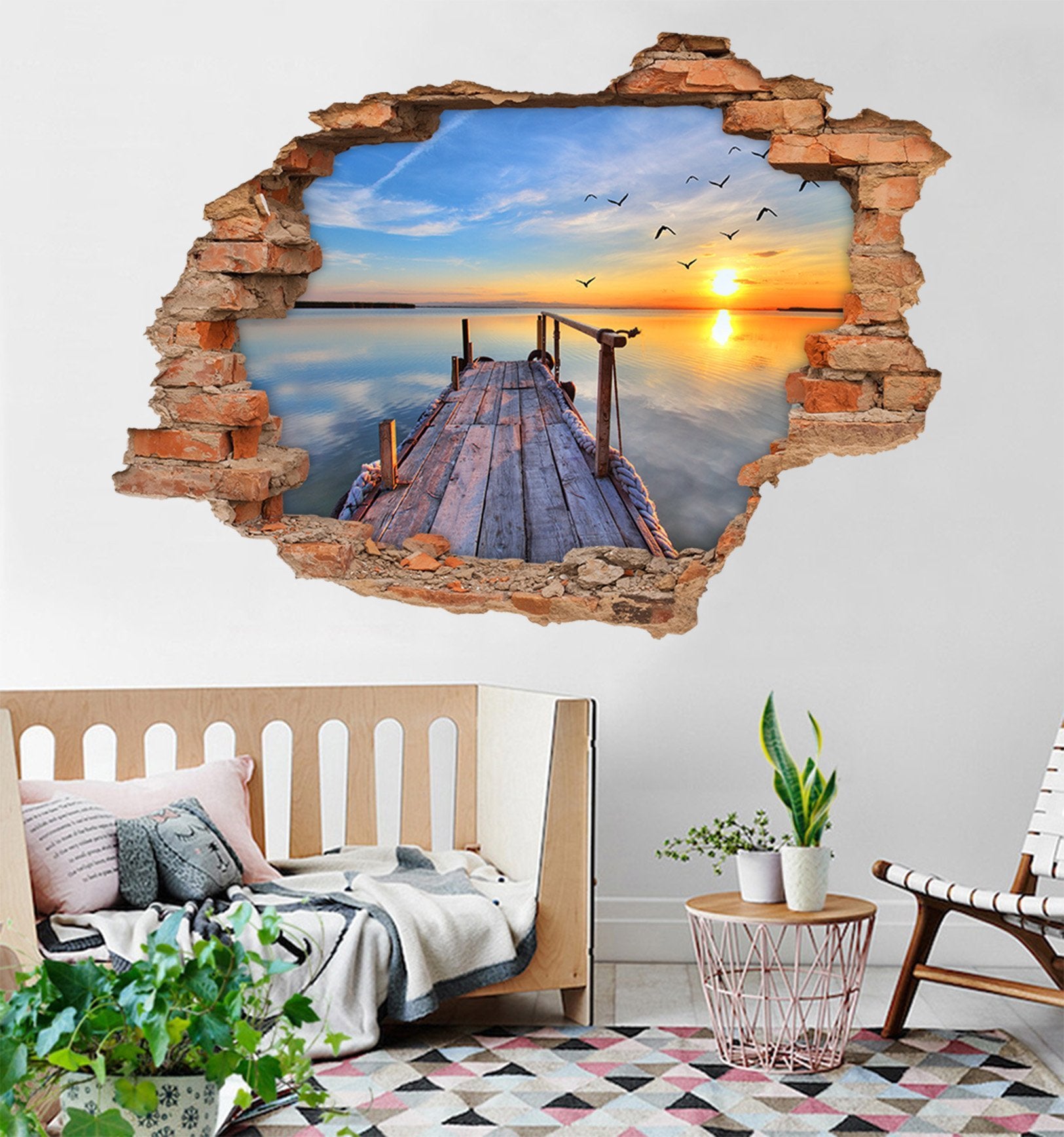 3D Sea Wooden Bridge Sunset 226 Broken Wall Murals Wallpaper AJ Wallpaper 