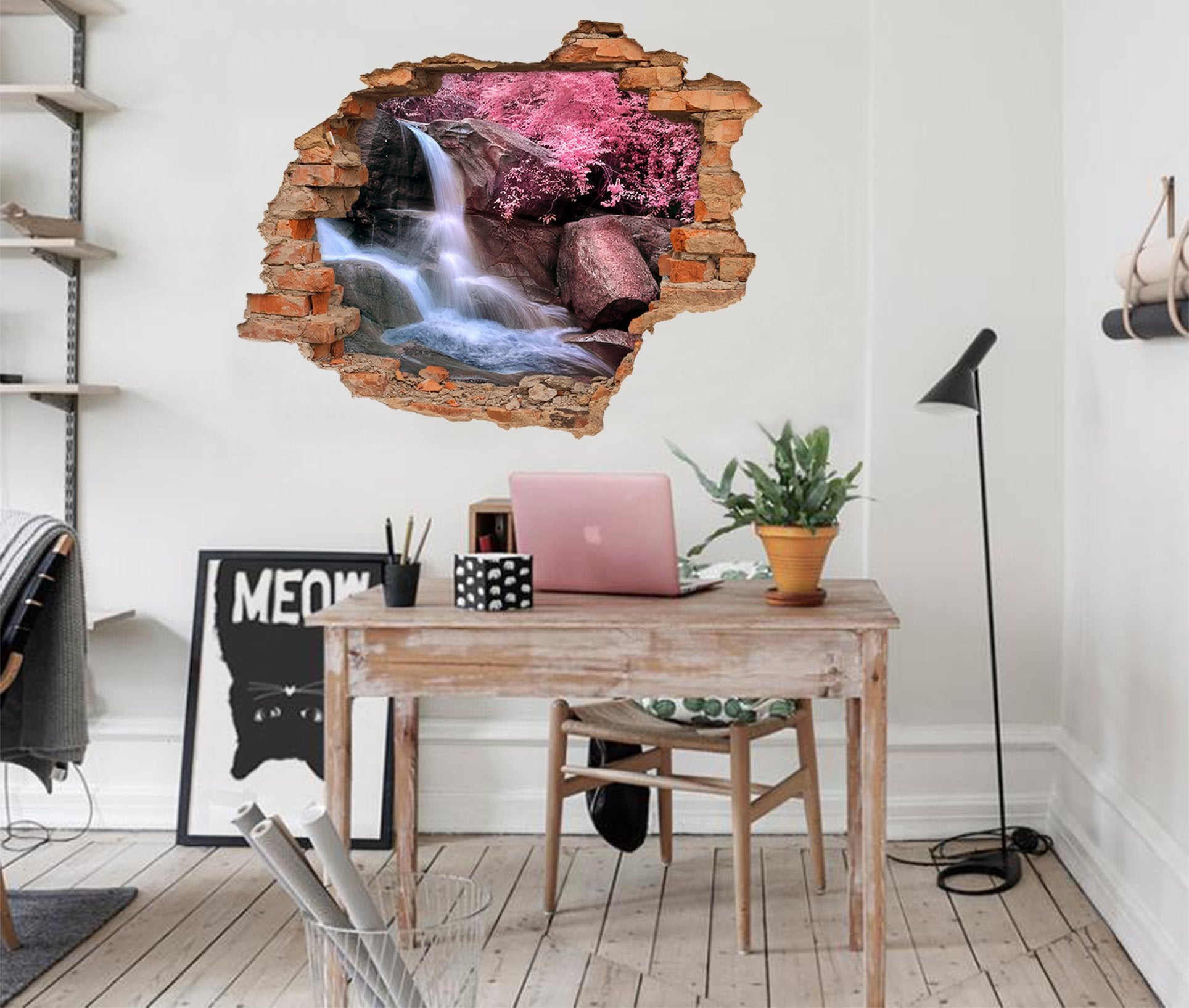 3D River Rocks Pink Trees 218 Broken Wall Murals Wallpaper AJ Wallpaper 