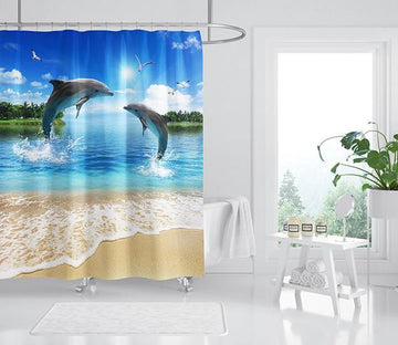 3D Beach Dolphin Jumping 068 Shower Curtain 3D Shower Curtain AJ Creativity Home 