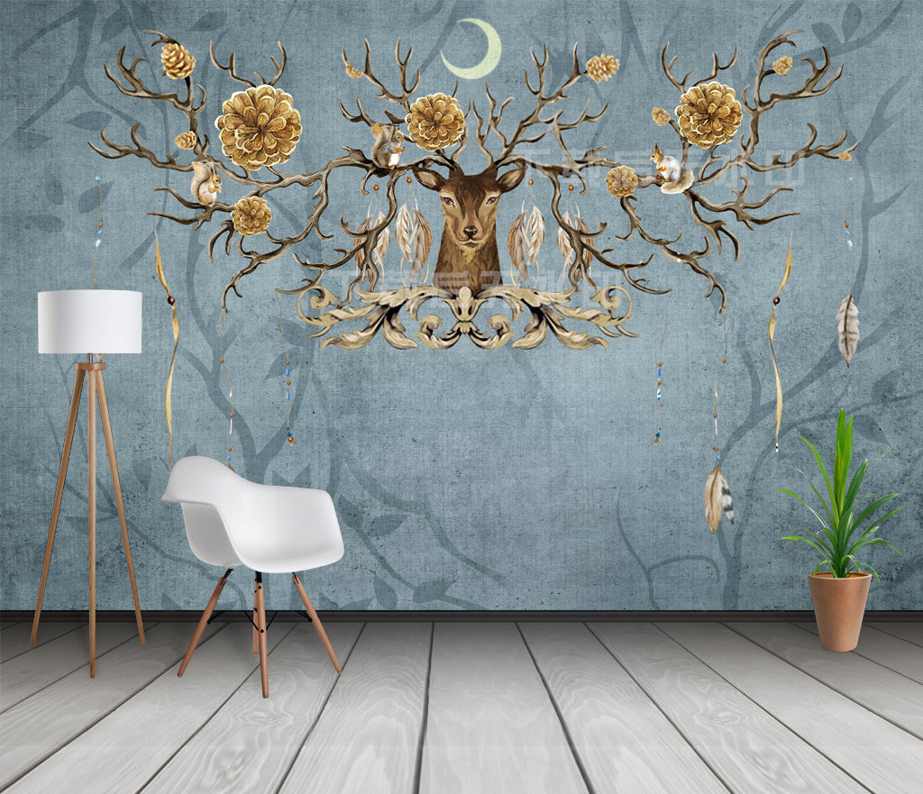 3D Moon Deer Flower WG189 Wall Murals