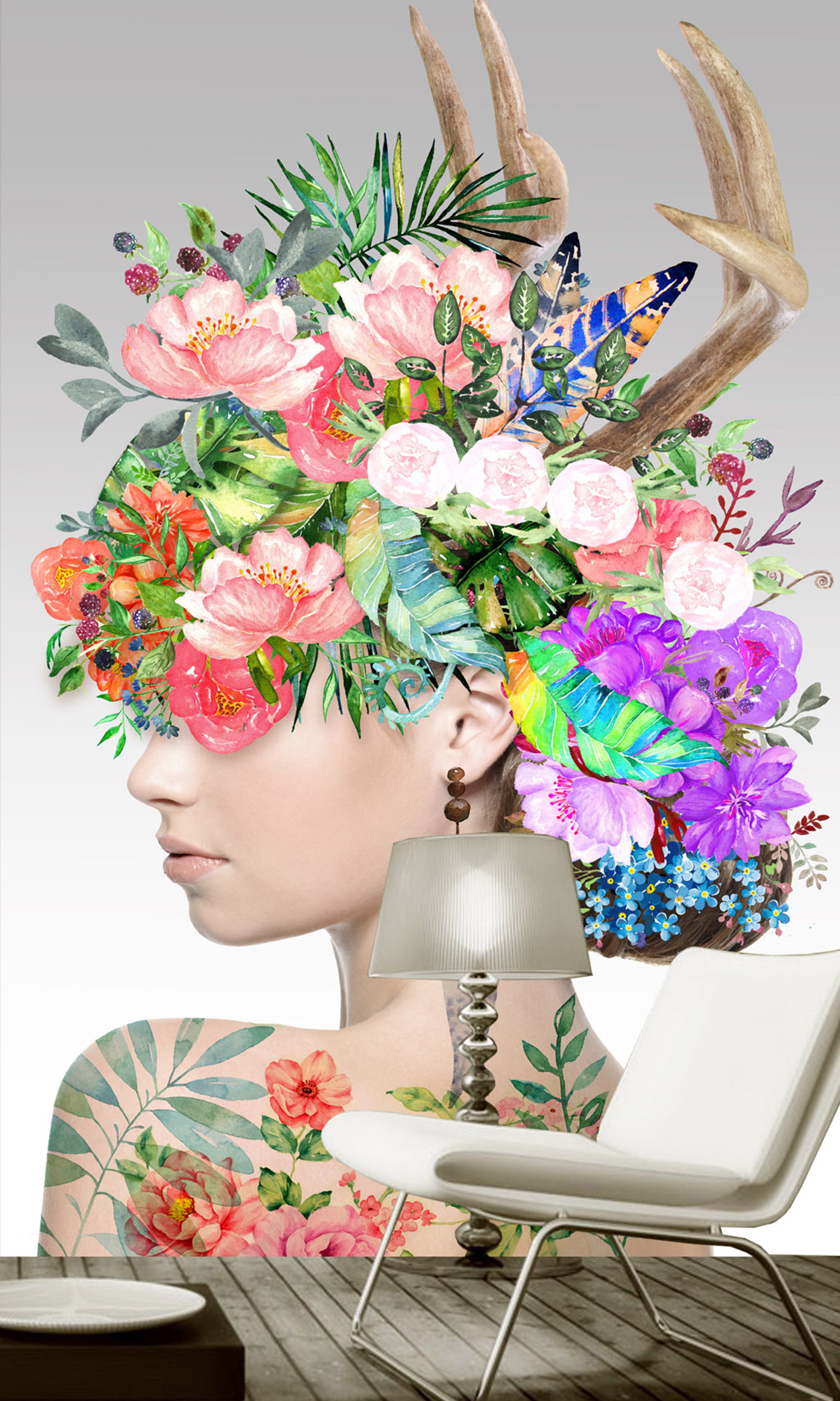 3D Woman Flower WG038 Wall Murals