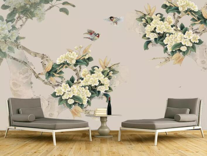 3D White Flower Bird WG756 Wall Murals