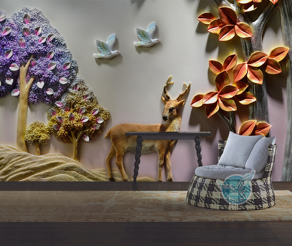 3D Deer Bird Tree WG016 Wall Murals