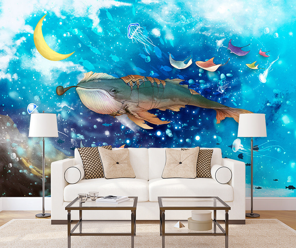 3D Moon Whale WG363 Wall Murals