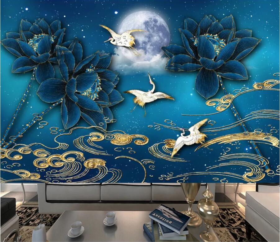 3D Moon Lotus Crane WC2554 Wall Murals