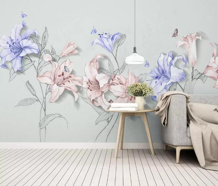 3D Blue Pink Lily WG819 Wall Murals