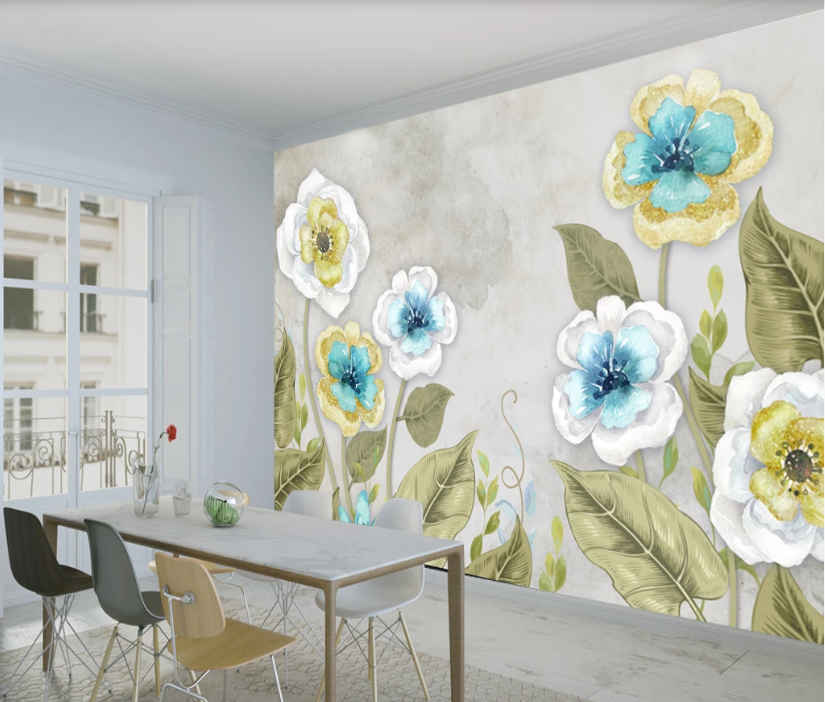 3D Blue Flower Leaf WC716 Wall Murals