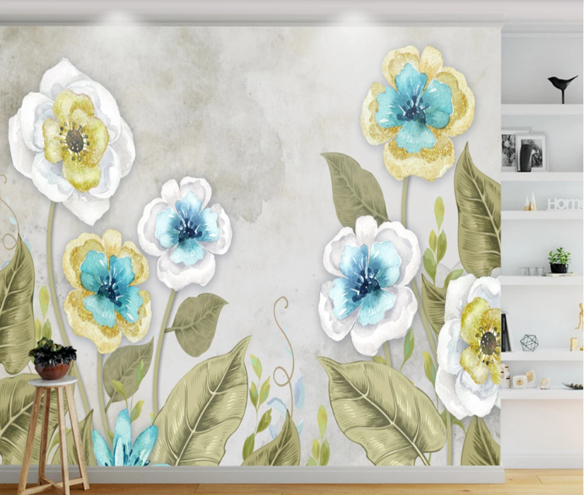 3D Blue Flower Leaf WC716 Wall Murals