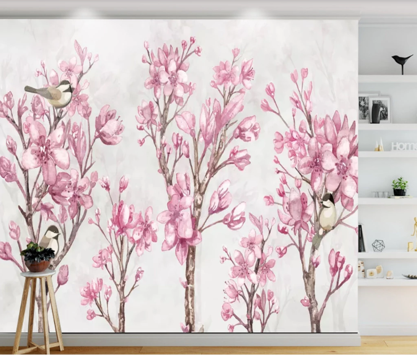 3D Pink Flower Magpie WC714 Wall Murals