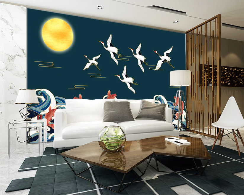 3D Moon Crane Goldfish WC2636 Wall Murals