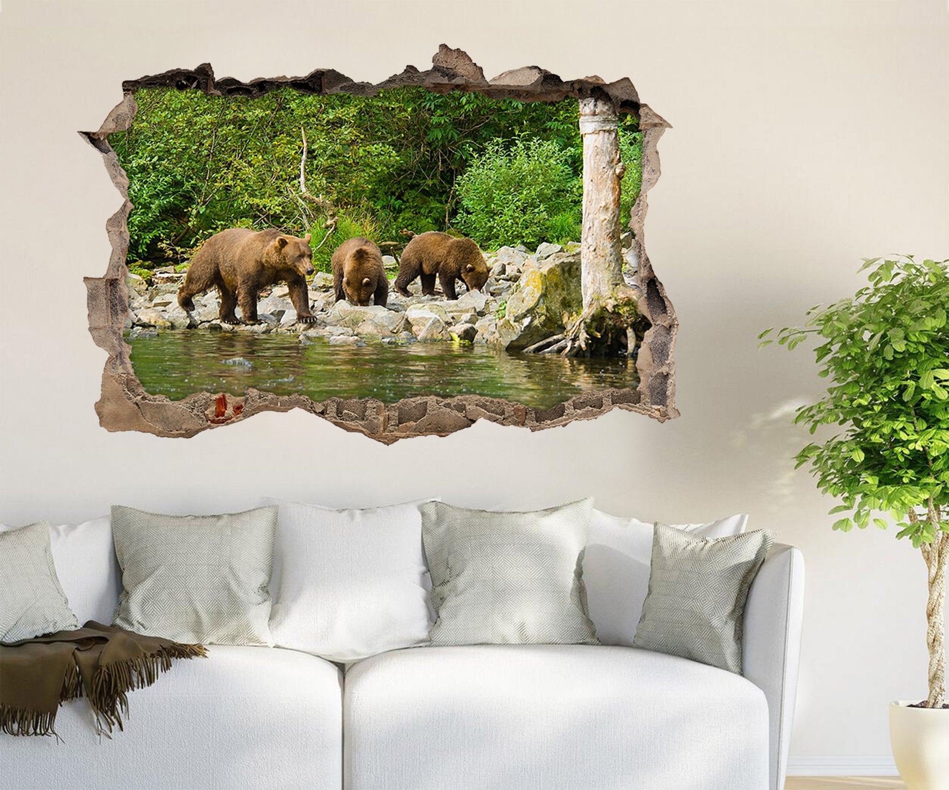 3D Lakeside Bear 032 Broken Wall Murals Wallpaper AJ Wallpaper 