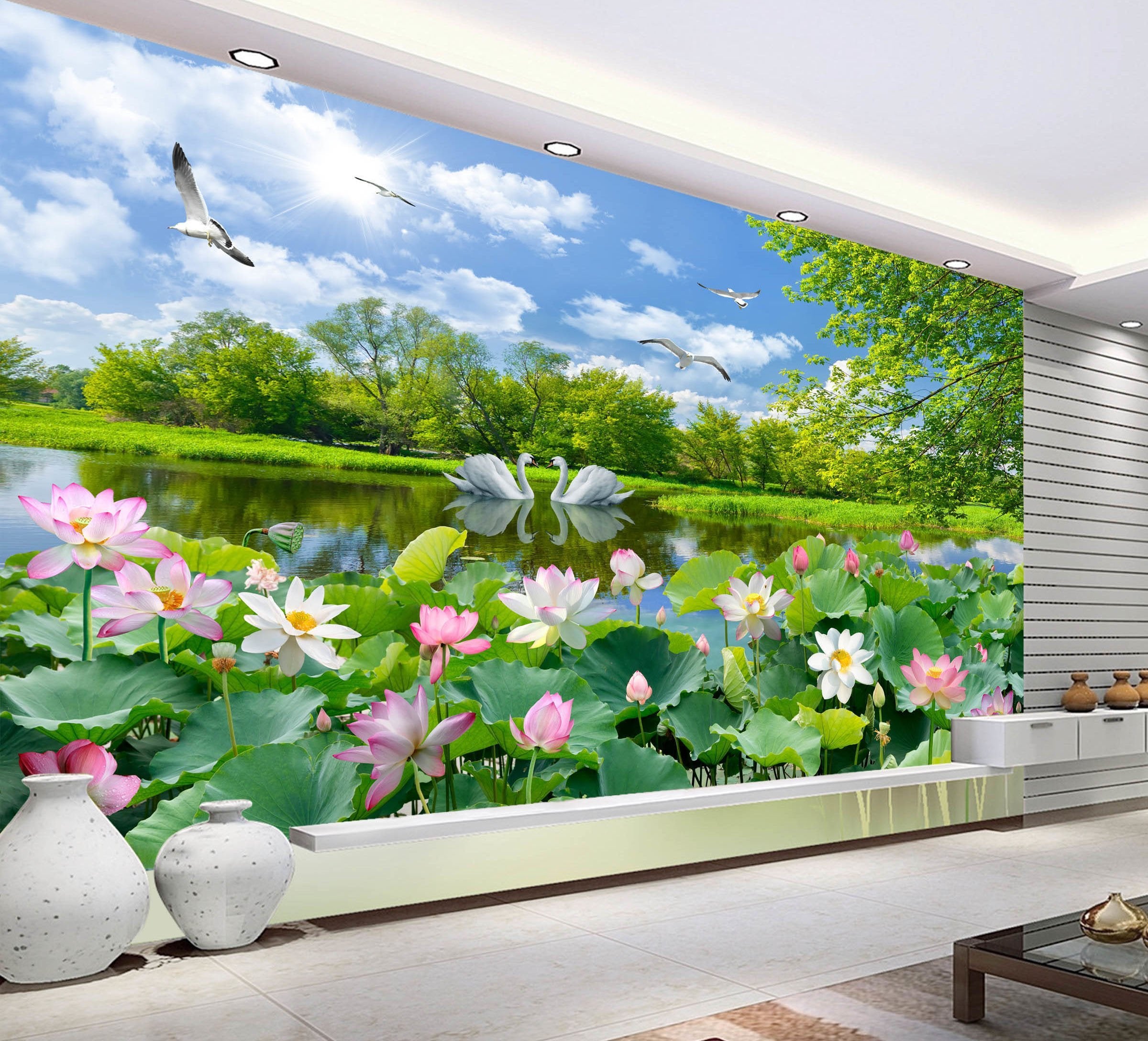 3D Lotus Pond Swan 290 Wallpaper AJ Wallpaper 