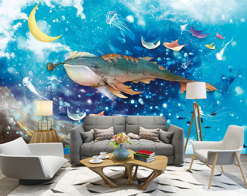 3D Moon Whale WG363 Wall Murals