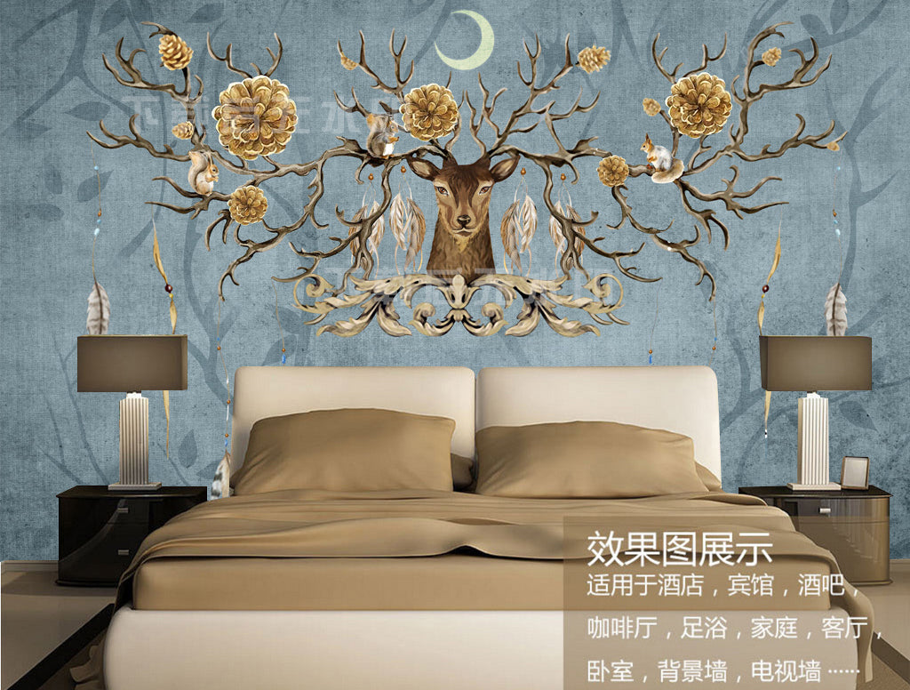 3D Moon Deer Flower WG189 Wall Murals