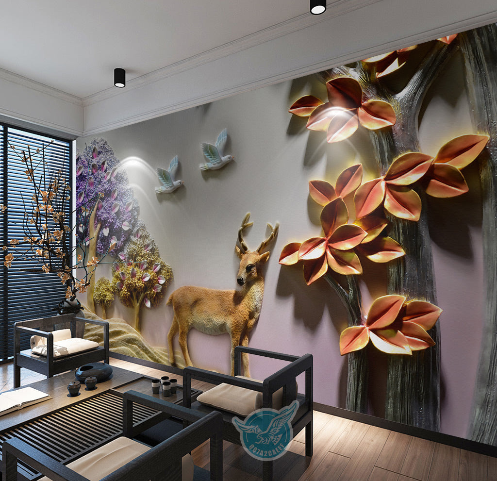 3D Deer Bird Tree WG016 Wall Murals