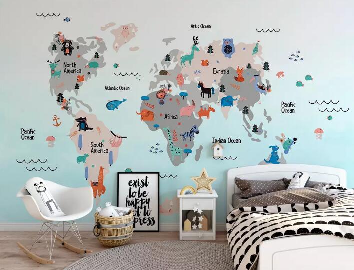 3D Animal World Map WG765 Wall Murals