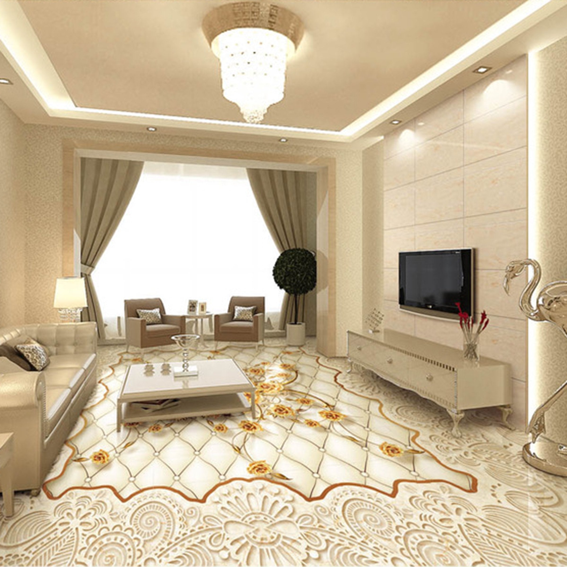 3D Golden Flowers WG033 Floor Mural Wallpaper AJ Wallpaper 2 