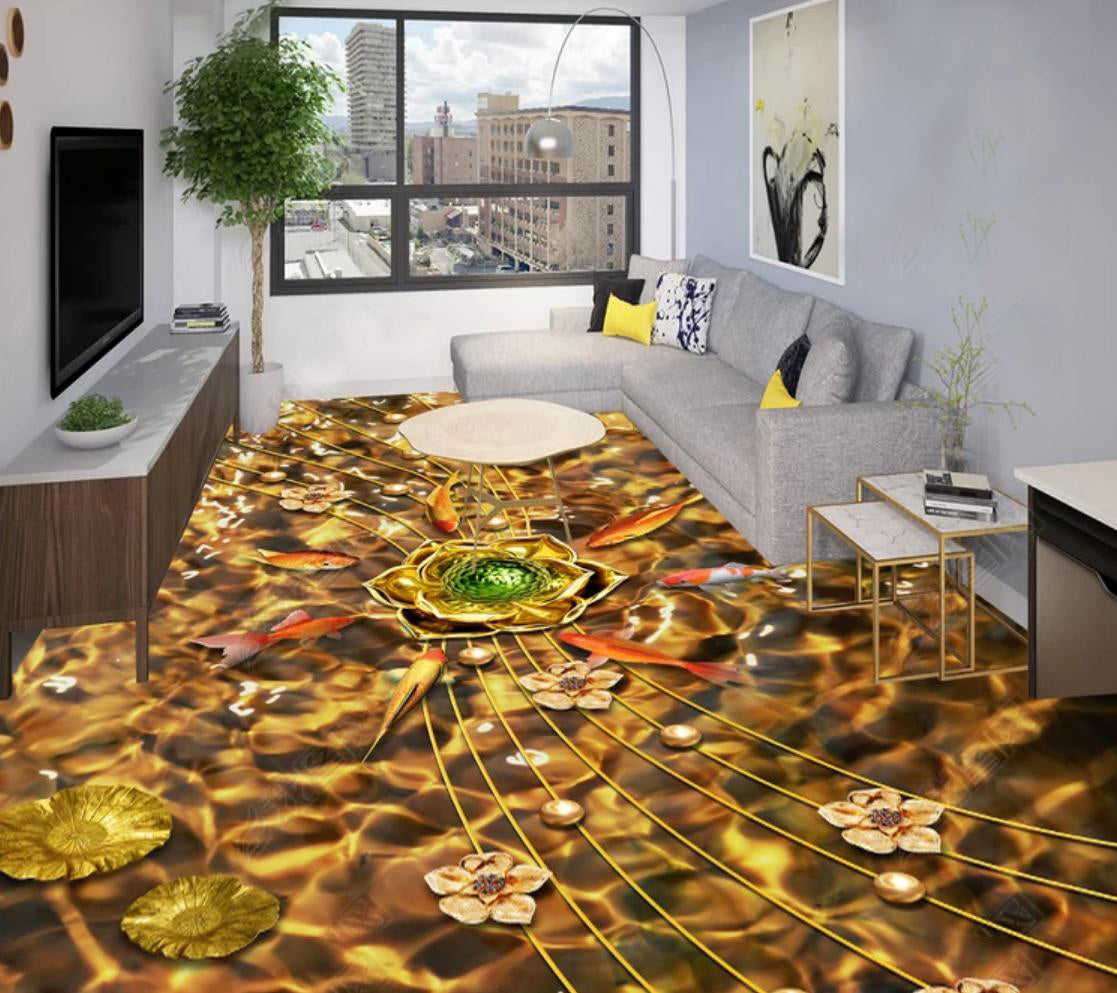 3D Golden Lotus 055 Floor Mural  Self-Adhesive Sticker Bathroom Non-slip Waterproof Flooring Murals