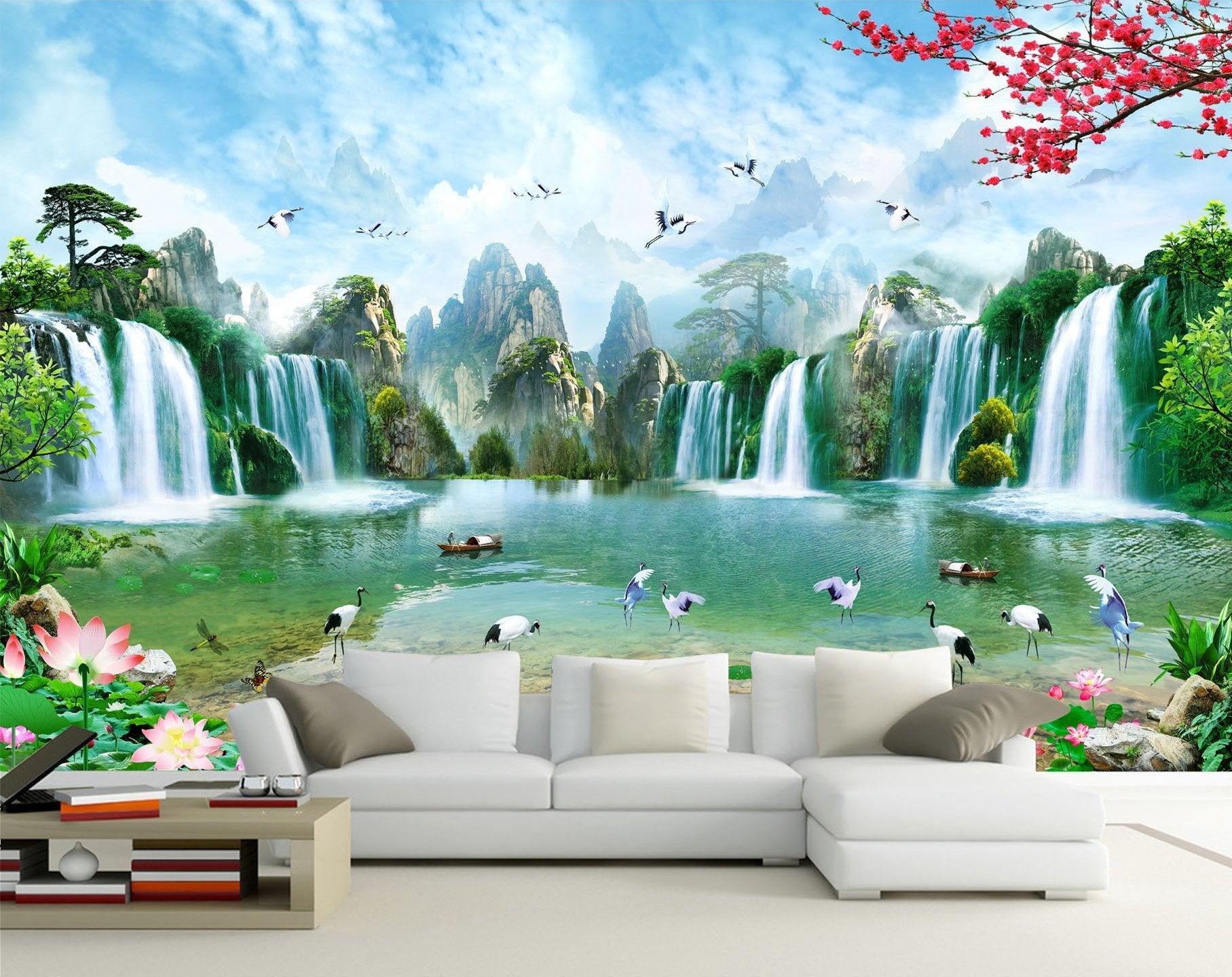 3D Waterfall Fisherman Crane 320 Wallpaper AJ Wallpaper 