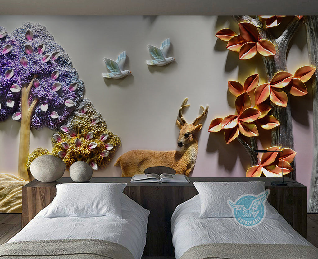 3D Deer Bird Tree WG016 Wall Murals