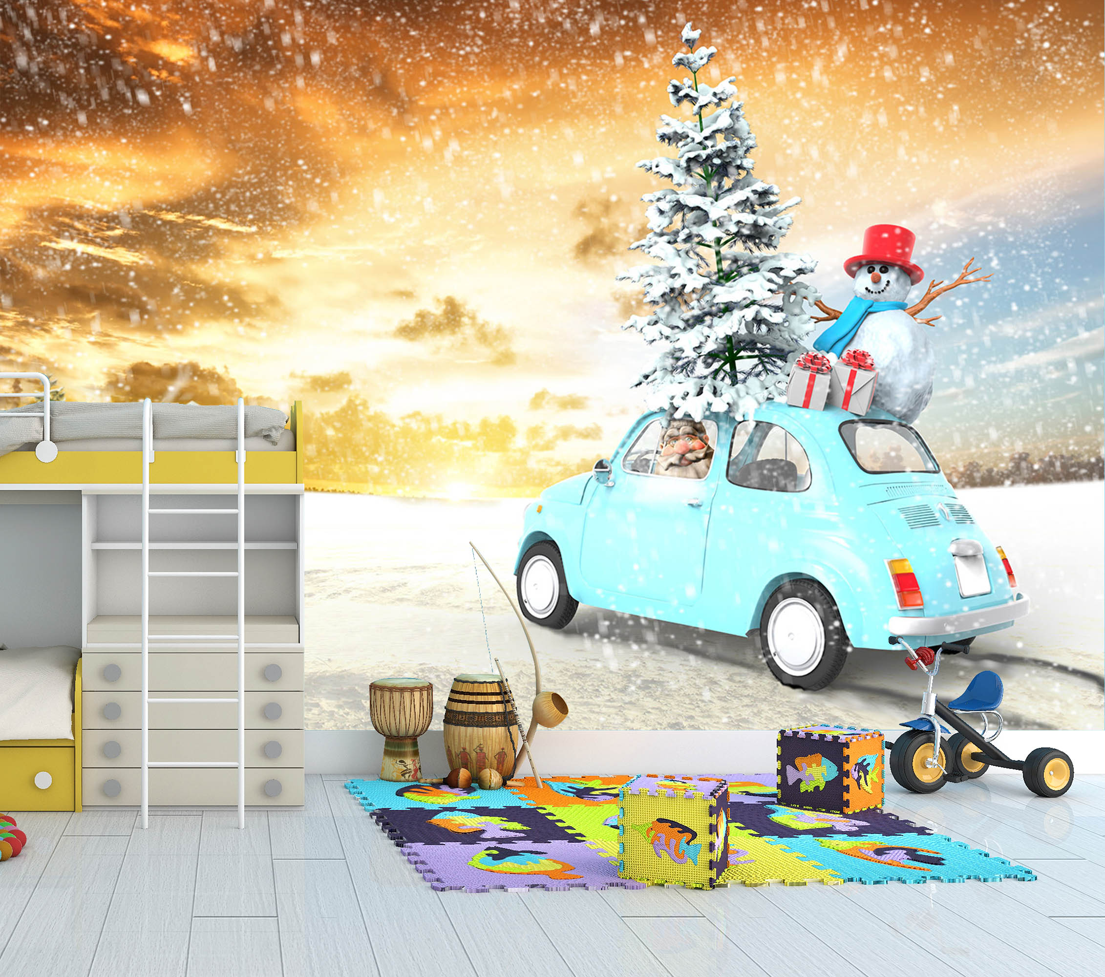 3D Snowman Car Tree 327 Vehicle Wall Murals