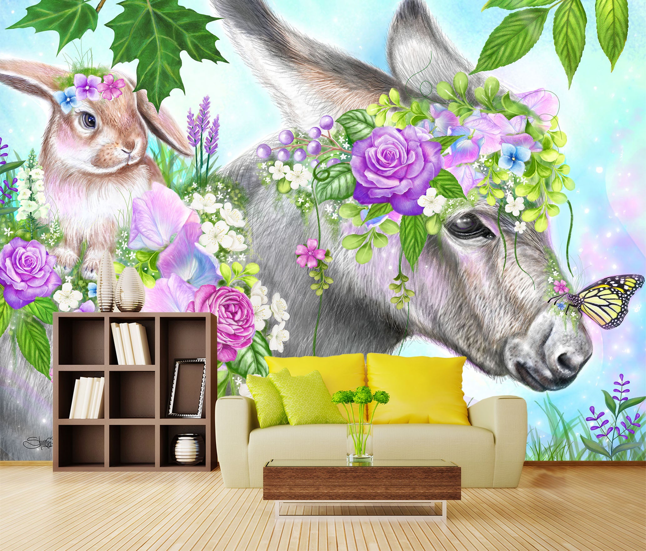 3D Flower Bunny Butterfly 8422 Sheena Pike Wall Mural Wall Murals