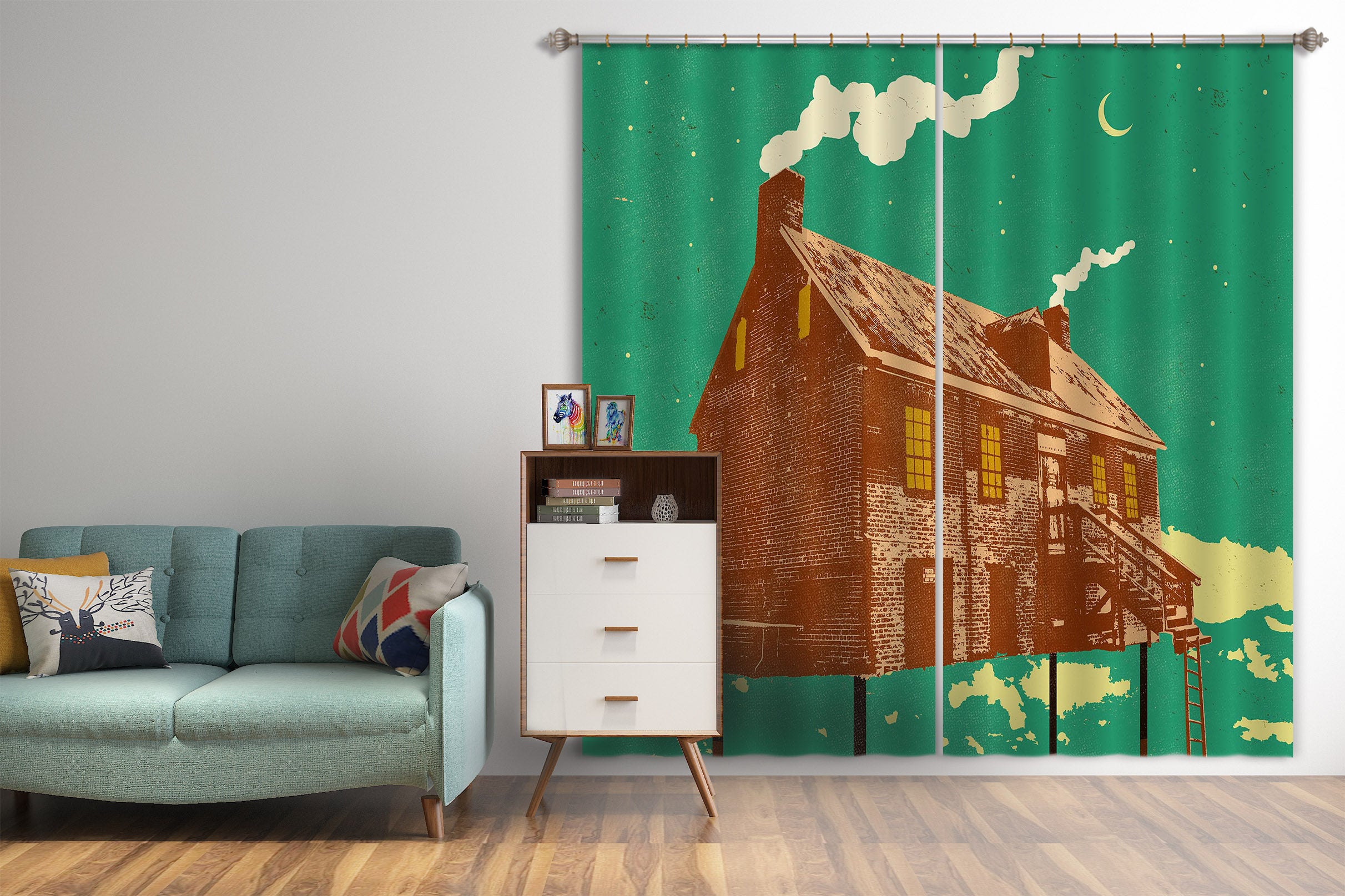 3D House Cooking Smoke 052 Showdeer Curtain Curtains Drapes