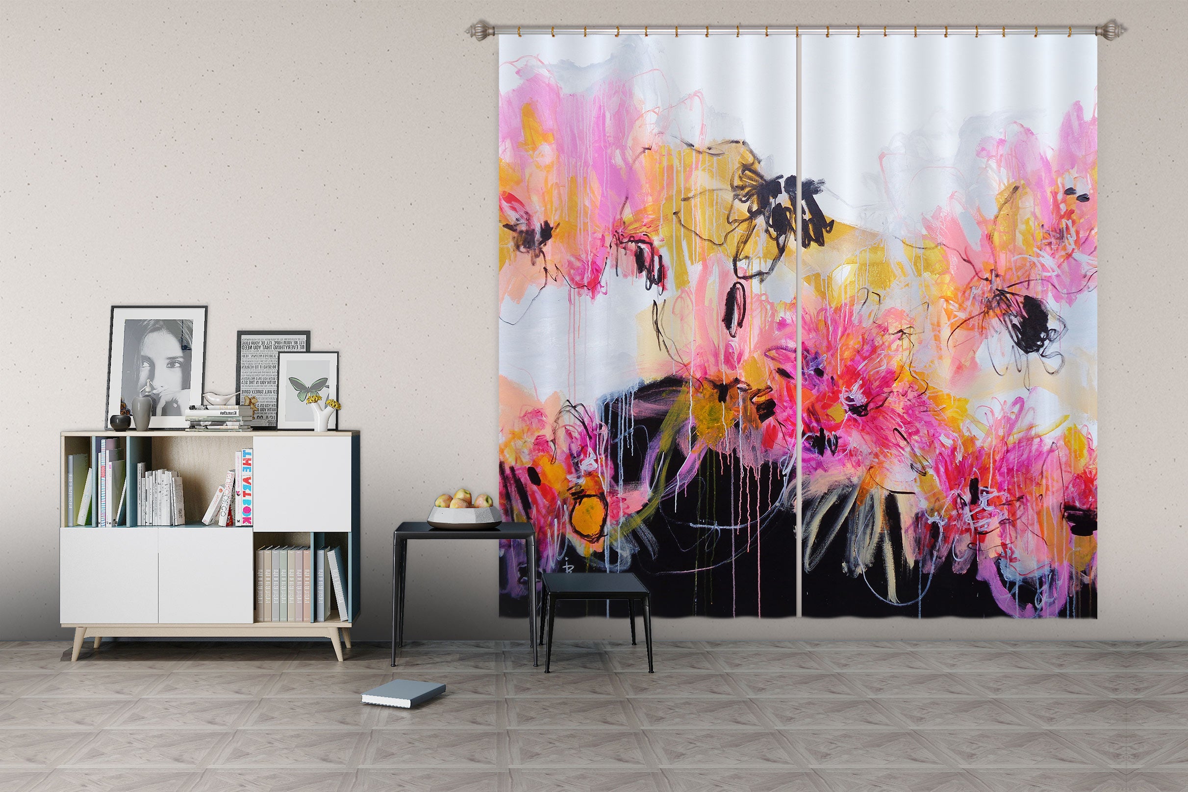 3D Pink Watercolor Flowers 2345 Misako Chida Curtain Curtains Drapes