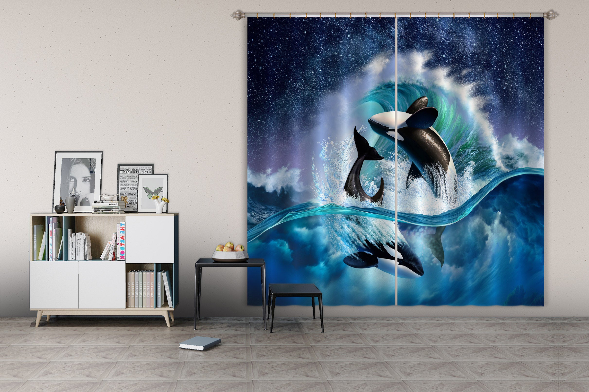 3D Orca Wave 071 Jerry LoFaro Curtain Curtains Drapes