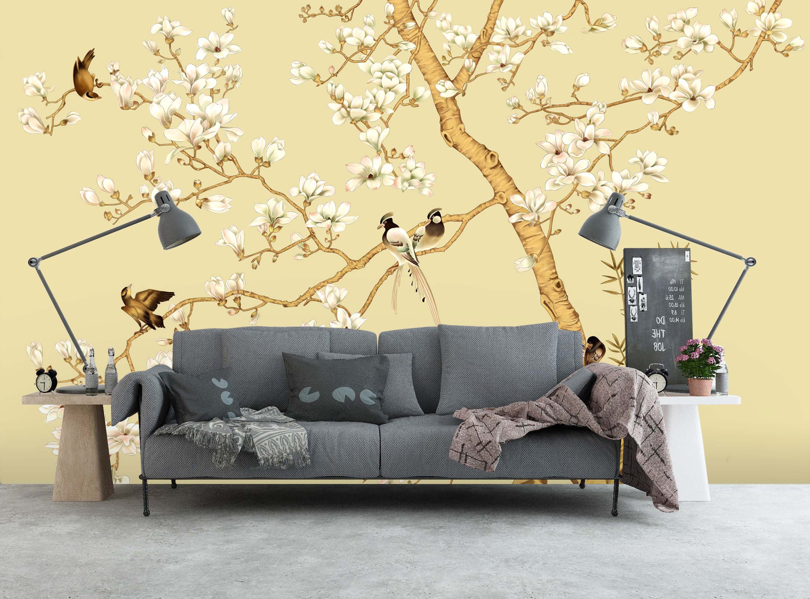 3D Flower Bird Yellow 022 Wall Murals