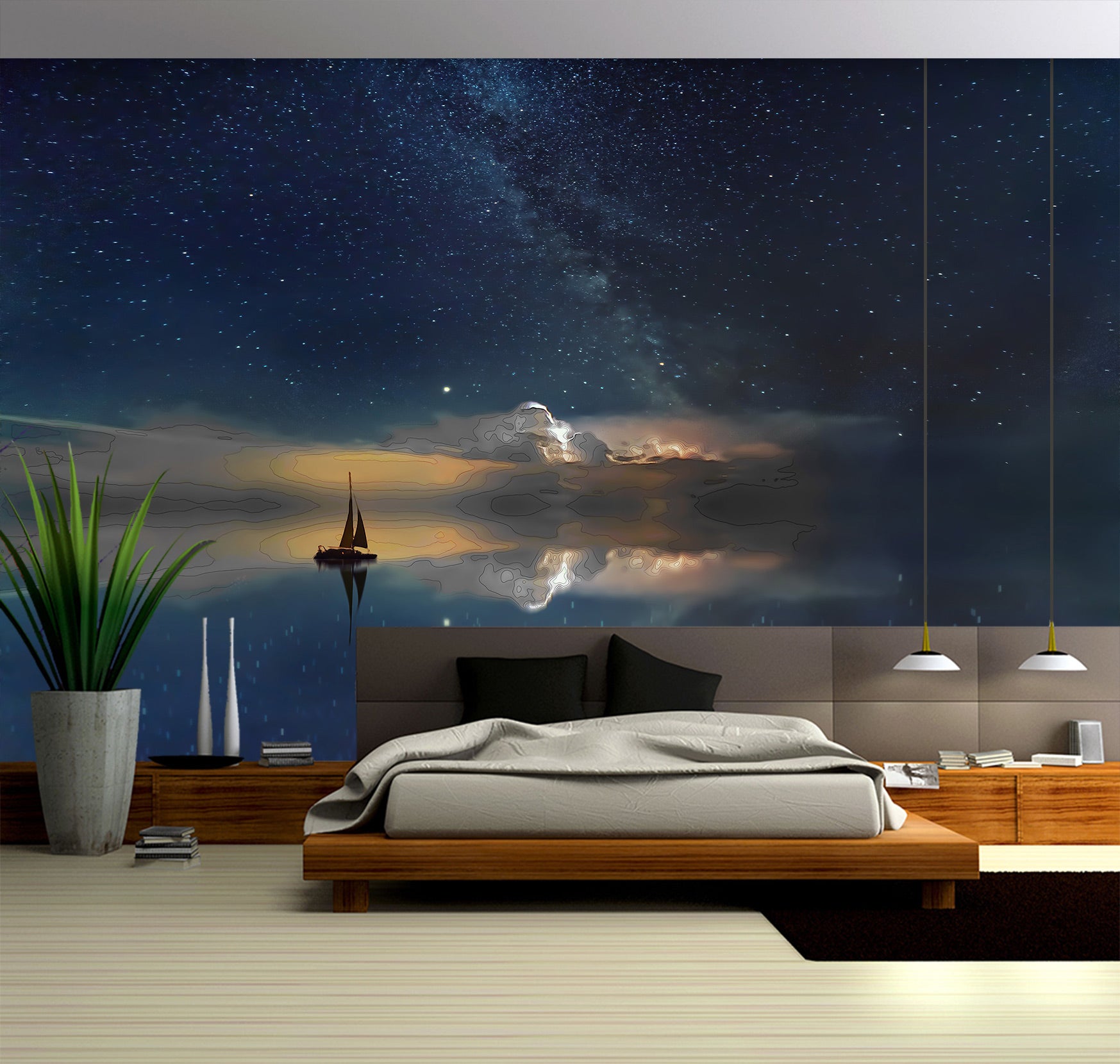 3D Starry Sea Sailboat 9182 Alius Herb Wall Mural Wall Murals